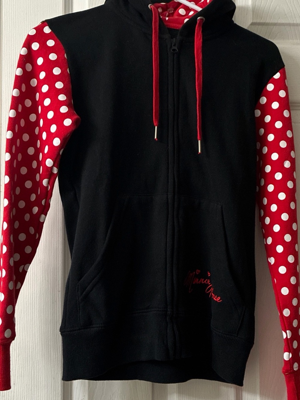 DISNEY PARKS Women XSmall  Black, Red and White Polka Dot Zip Hoodie